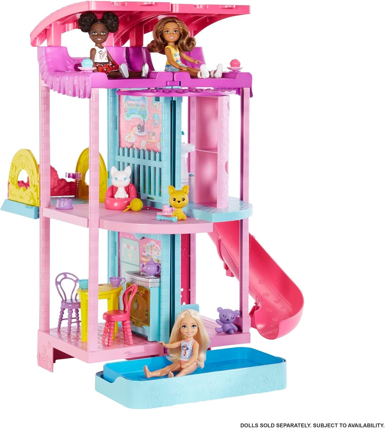 Barbie Chelsea Playhouse - 3 étages transformables, aires de jeux secrètes, ascenseur, piscine, toboggan, 2 animaux et plus de 20 accessoires, à partir de 3 ans, HHX44 Naty Shop Dollhouses