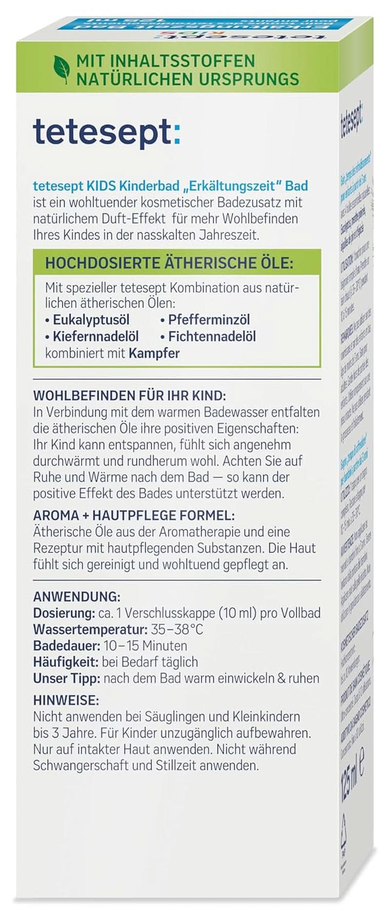 Tetesept Kids Cold Time Bath - additif de bain pour enfants pour la saison froide aux 4 huiles essentielles, relaxation et réchauffement, 125 ml Naty Shop