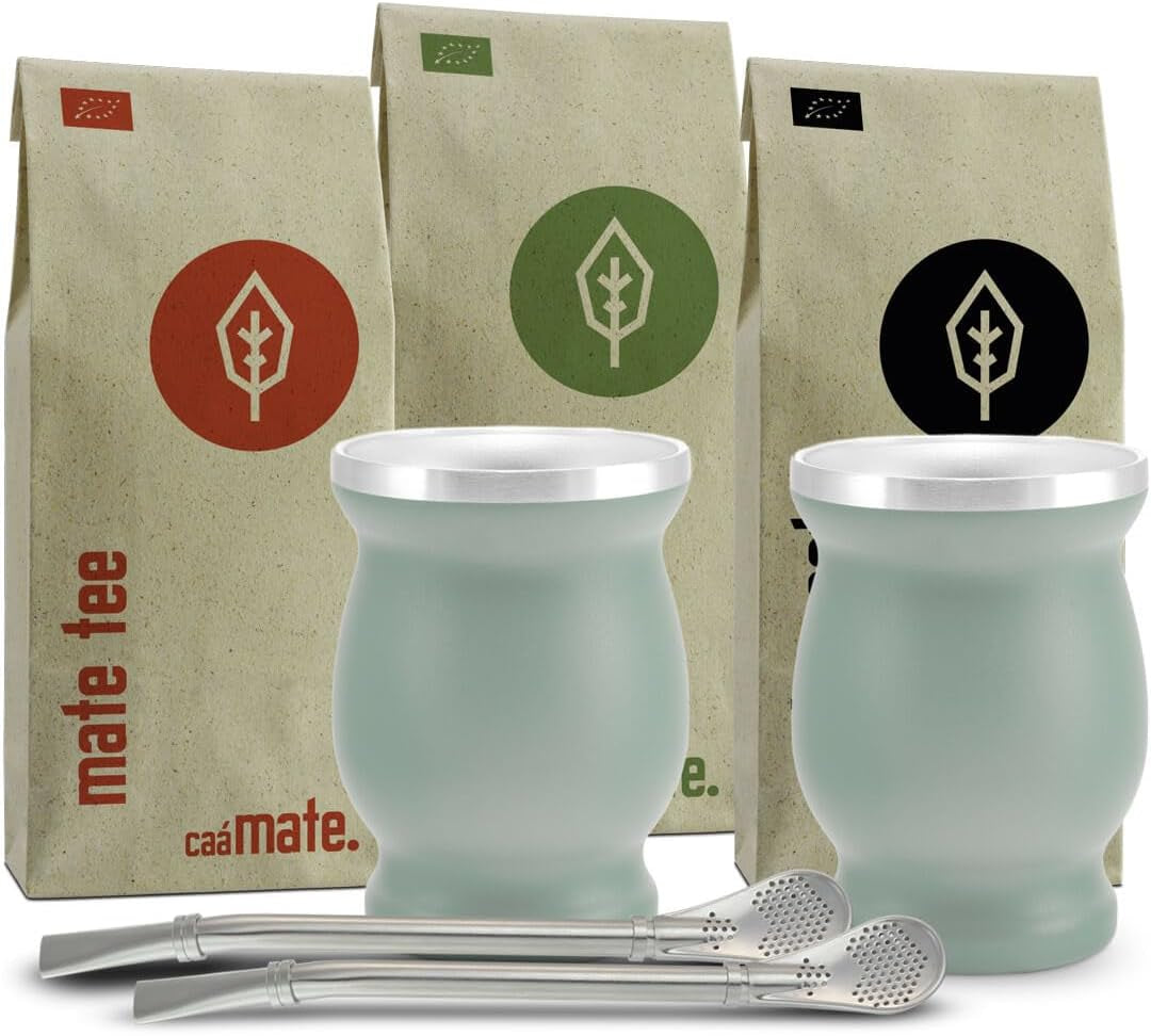 Service à Thé Mate Bio ● 3 Assortiments de Mate + 2 Tasses à Maté Double Paroi en Inox + 2 Bombillas + Instructions d'infusion (Noir)