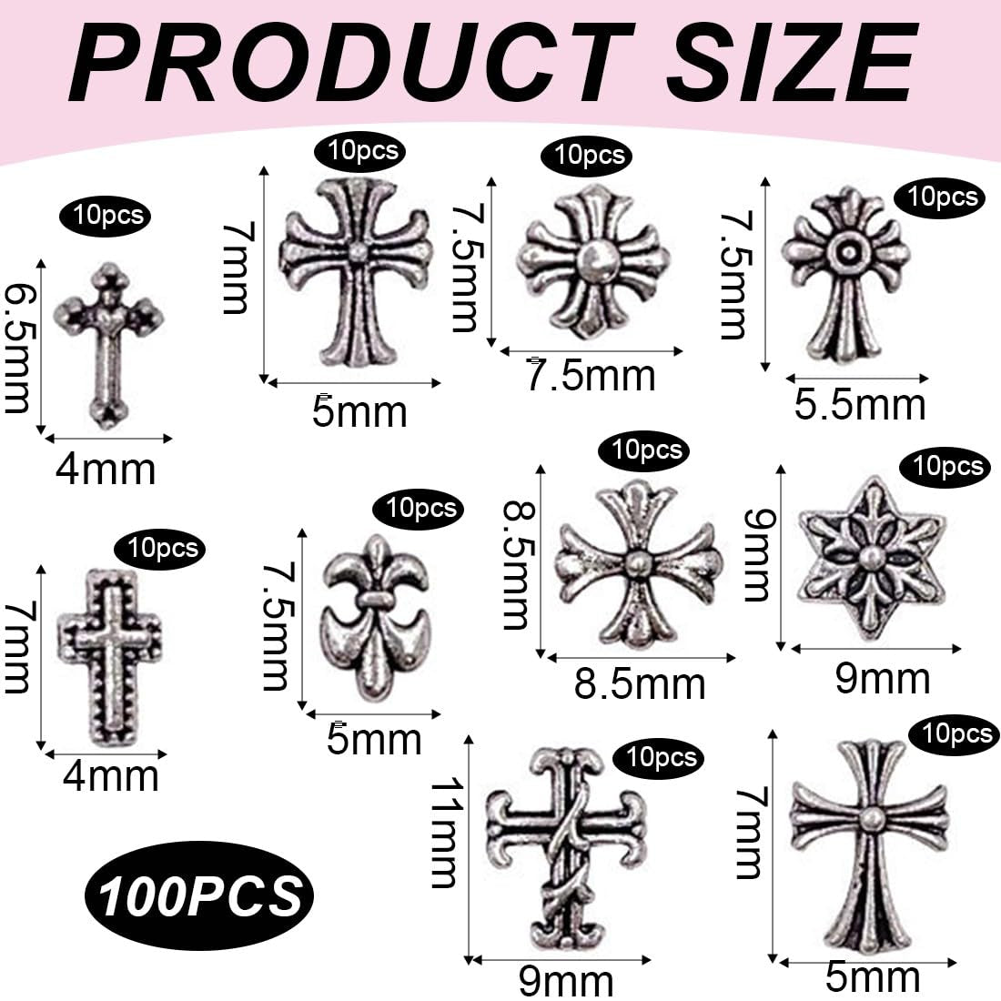 100pcs porte-clés à ongles en croix 3D, porte-clés à ongles en croix, porte-clés à ongles chromés, accessoires d'ongles vintage, décorations d'ongles DIY, pour femmes et filles, décorations d'ongles DIY