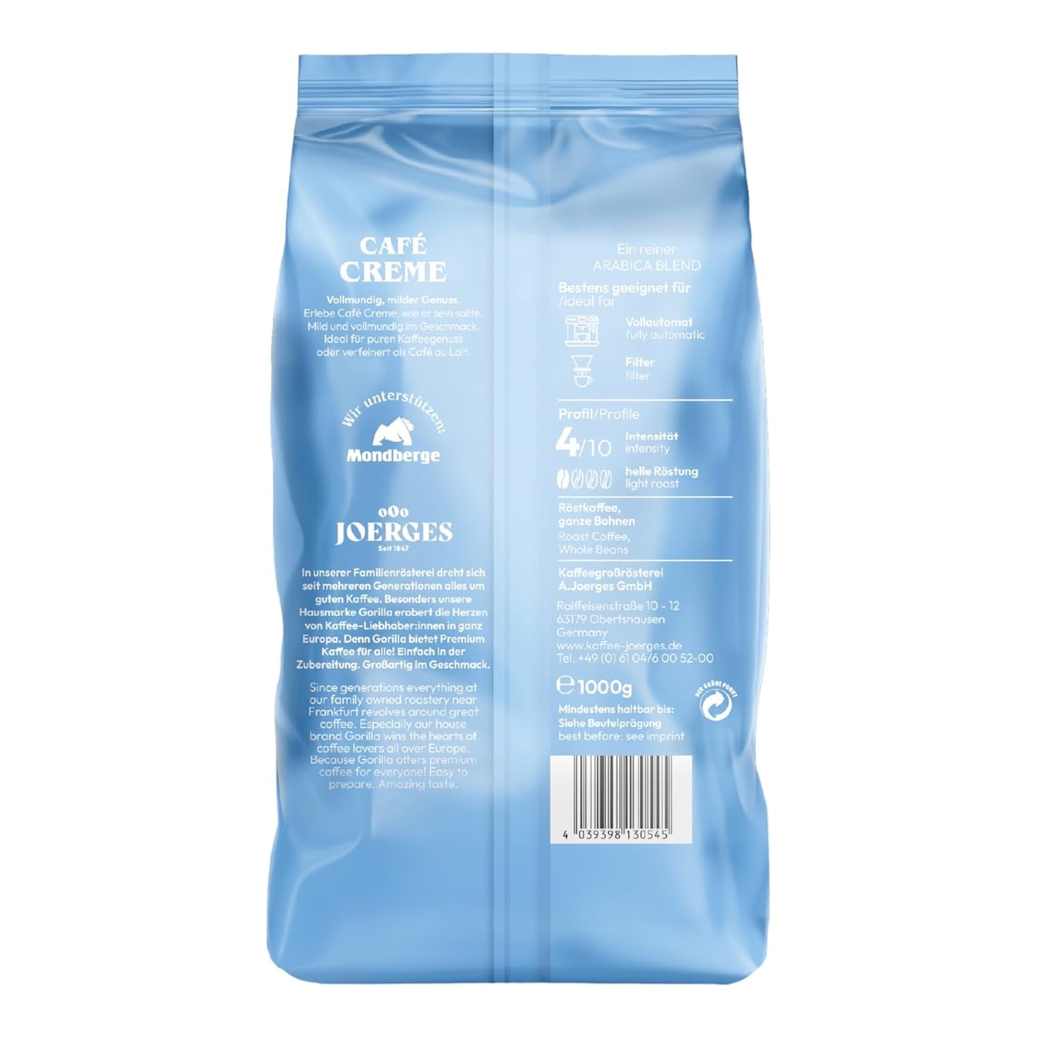 Crème Gorilla Café 6x 1000g | 100% Arabica-Bohnen traditionnel | Ideal Volllautomaten Crema harmonisches Aroma | geriger Koffingehalt helle Röstung | Emballage d'emballage