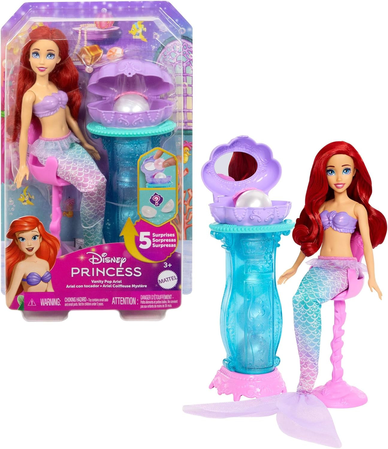Mattel Disney Princess Toys, poupée mannequin sirène Arielle avec queue amovible, table de maquillage avec 5 surprises pop-up répétables et 5 accessoires, JBF86 Dolls Naty Shop Set Ariel