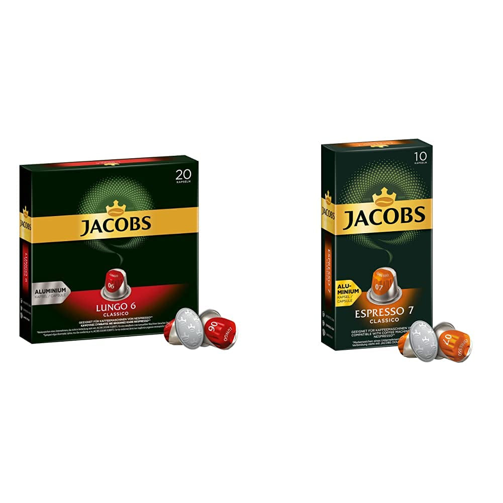 Cafés à café Lungo Classico, intensité 6 sur 12, 20 cafés compatibles Nespresso®*, 10 x 20 & Cafés Espresso Classico, intensité 7 100 cafés compatibles Nespresso®*, 10x10 cafés