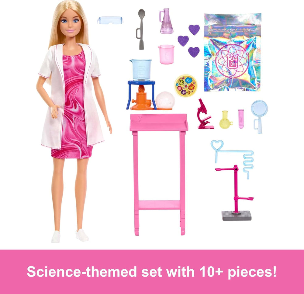 Barbie-Puppe Wissenschaftlerin und Zubehör mit Blonder Modepuppe, Labortisch, Mikroskop, Farbwechsel-Becherglas und Petrischale, JCR70