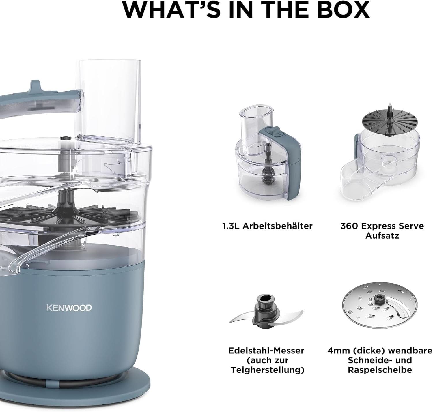 Kenwood Multipro Go FDP22.130GY, Machine de Cuisine Kompakt Nur 30Cm Hoch, Zum Schneiden, Reiben, Pürieren Und Teig Kneten, Express-Serve, 1,3 L Arbeitsbehälter, 650 W, Blau Mother and Child Naty Shop