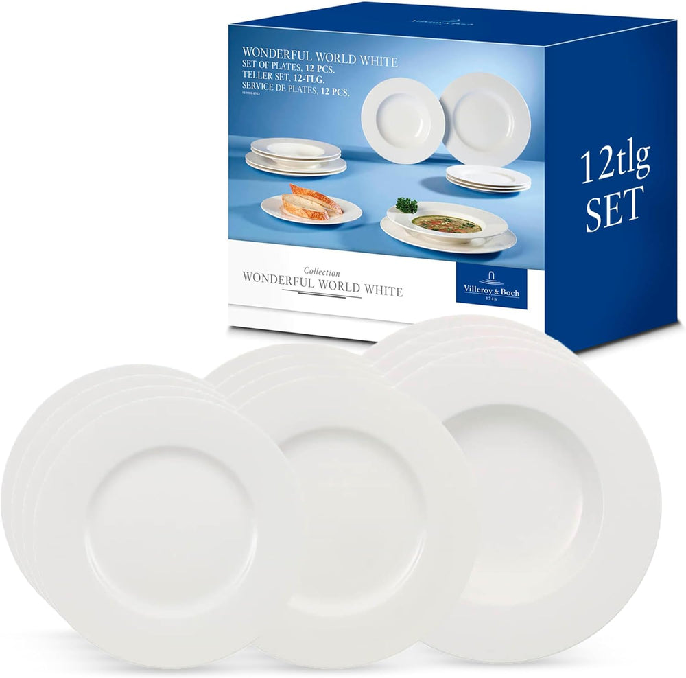 Villeroy & Boch Wonderful World Service de table 12 pièces, passe au lave-vaisselle et au micro-ondes, blanc, assiettes, vaisselle, porcelaine, assiettes plates, service de table moderne, porcelaine premium