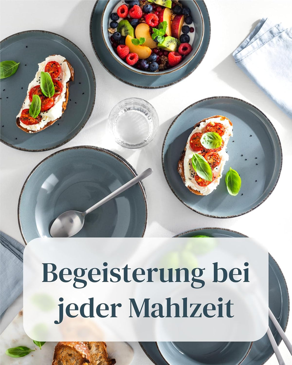 Steingut Geschirrset 12 Personen Rustique 36 tlg. TESTSIEGER, Hochwertiges Landhaussttil Steingut Geschirr Set, Schüssel- und Teller Set, Tafelservice 12 Personen, Geschirrsets Pure Living à Rauchblau