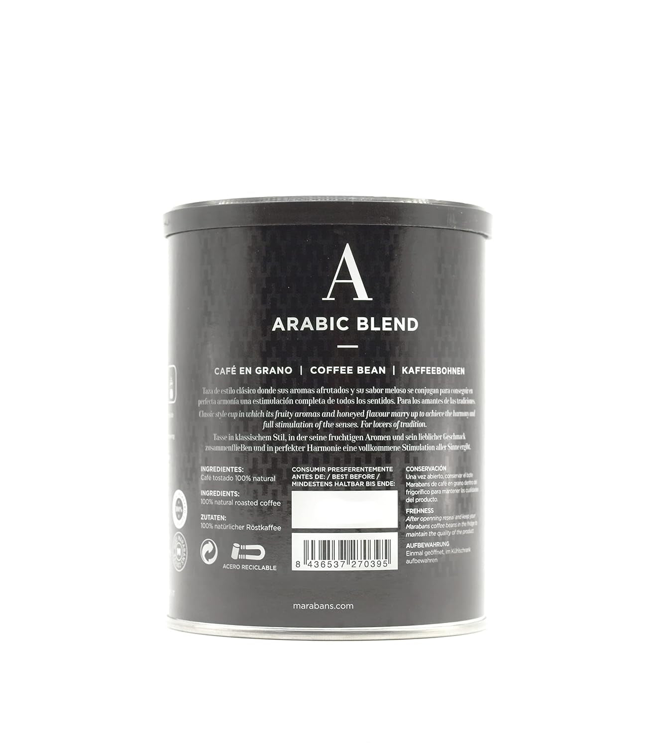 Boabe de cafea Marabans Arabic Blend, cutie de 250 de grame, 80% Arabica, 20% Robusta, 100% prăjire naturală.