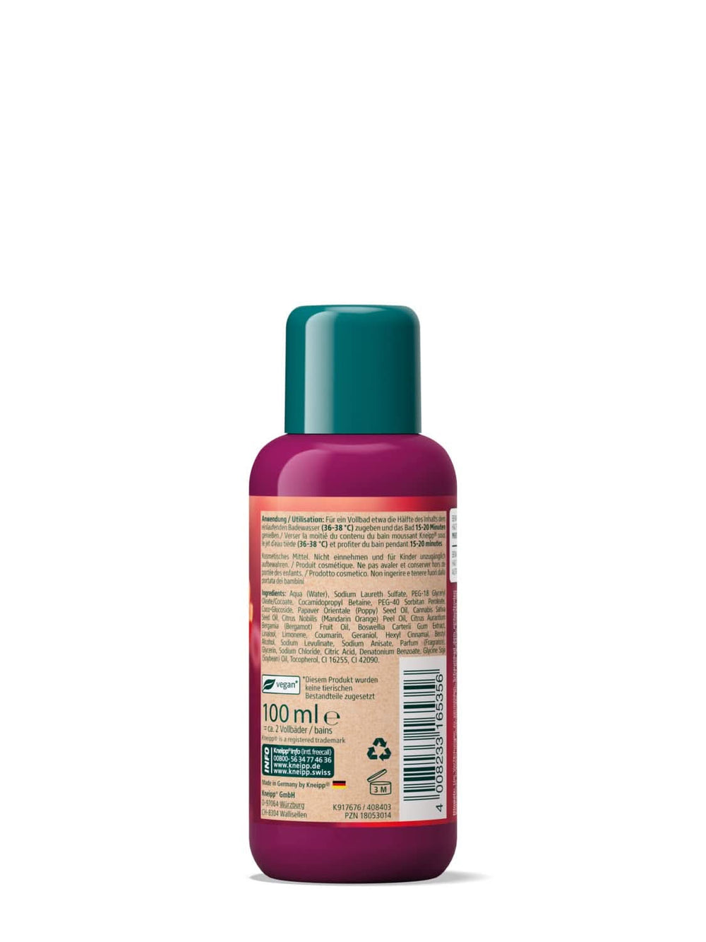 Kneipp Aroma, additif de bain aux huiles naturelles de coquelicot rouge et de chanvre, pour une sensation de peau douce et lisse, 100 ml Douche et bain Naty Shop