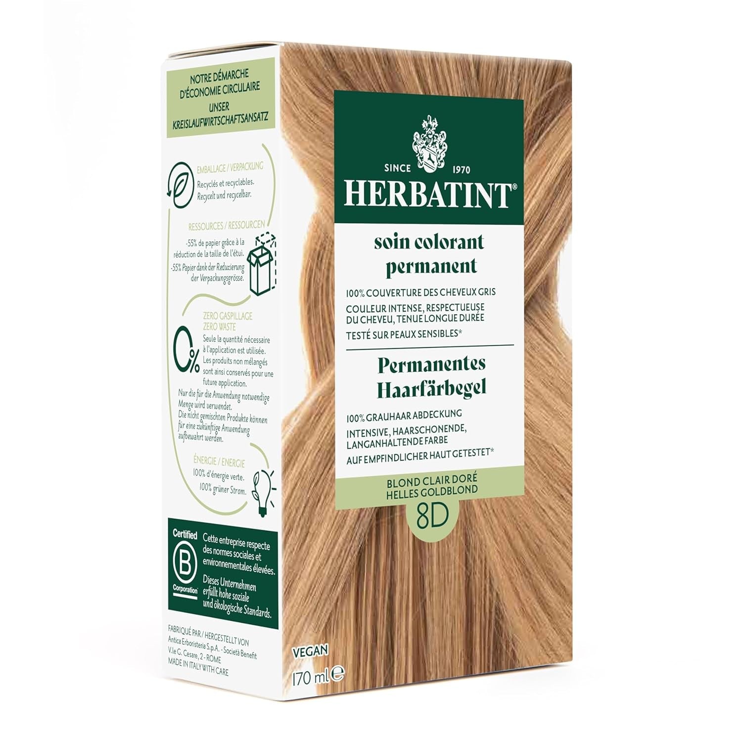 Gel pentru vopsirea permanentă a părului 6N blond închis - 170 ml I Fără amoniac, acoperire 100% a părului gri I Testat pe piele sensibilă, cu 8 extracte de plante Vopsea pentru par Naty Shop 8D Blond auriu deschis