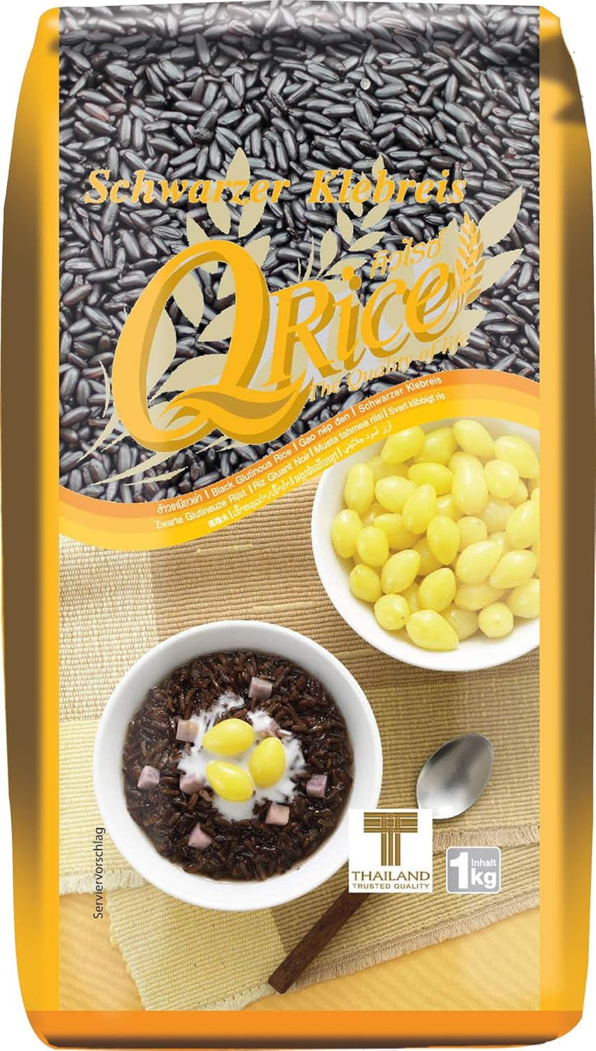 Q RIZ | Riz gluant noir à grains longs de Thaïlande | Aromatique avec une délicate note de noix | Idéal pour les desserts au curry, sushi et mochi | 1x1 kg