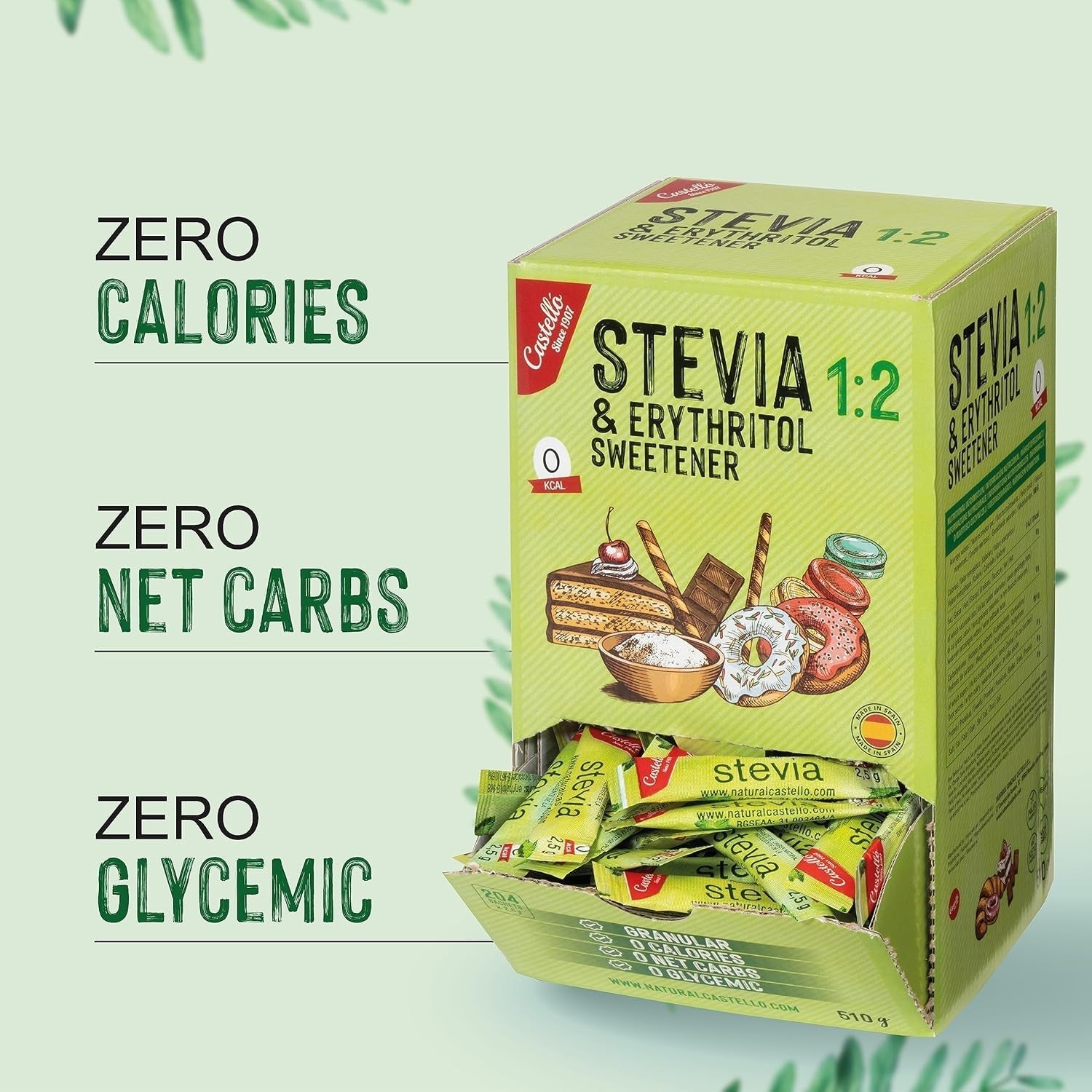 Stevia + Erythritol 1:2 Tissu sucré | 204 Sac Mythe 2,5 G | Ingrédients 100% naturels - 0 calories - 0 indice glycémique - Keto et Paleo - 0 Kohlenhydrate - Kein GVO - Castello depuis 1907-510 G Édulcorants Naty Shop