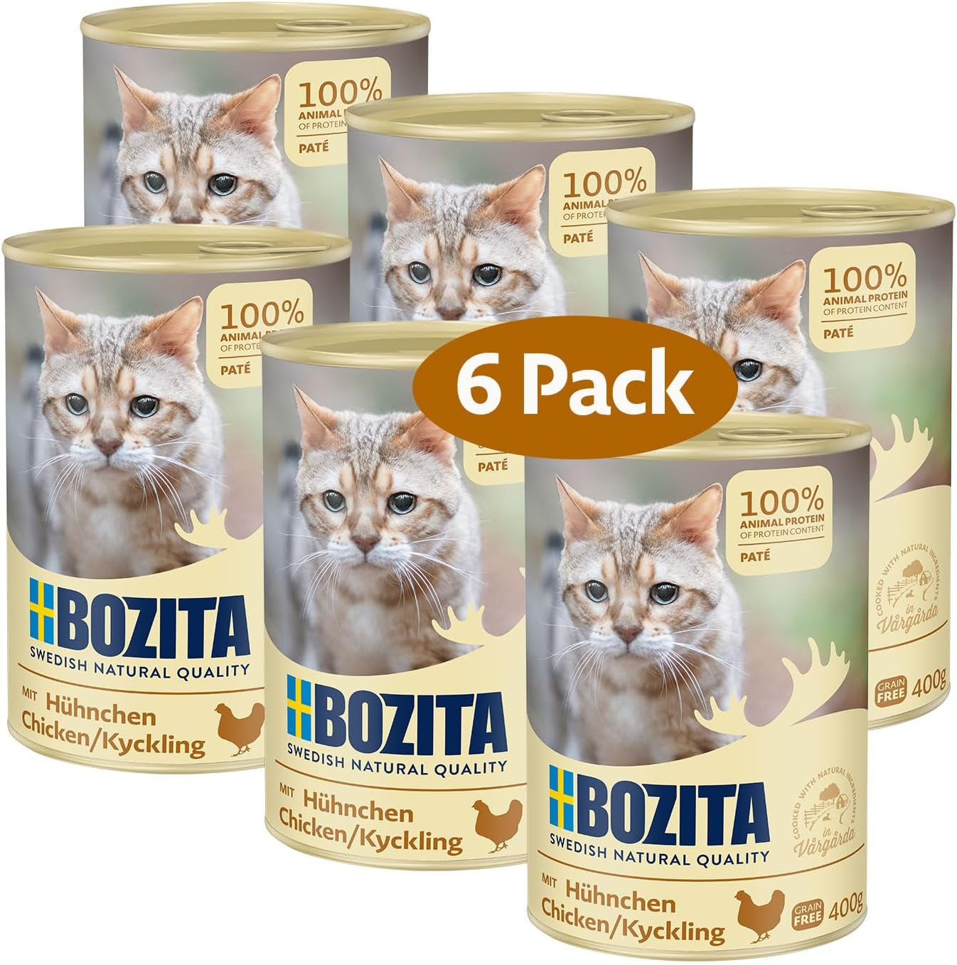 Pâté de poulet sans céréales Bozita - 6 x 400 g de nourriture humide pour chats et chatons. Aliment complet avec 9,5 % de protéines et 5 % de matières grasses, à base d'ingrédients naturels de haute qualité, sans céréales - provenant de Suède