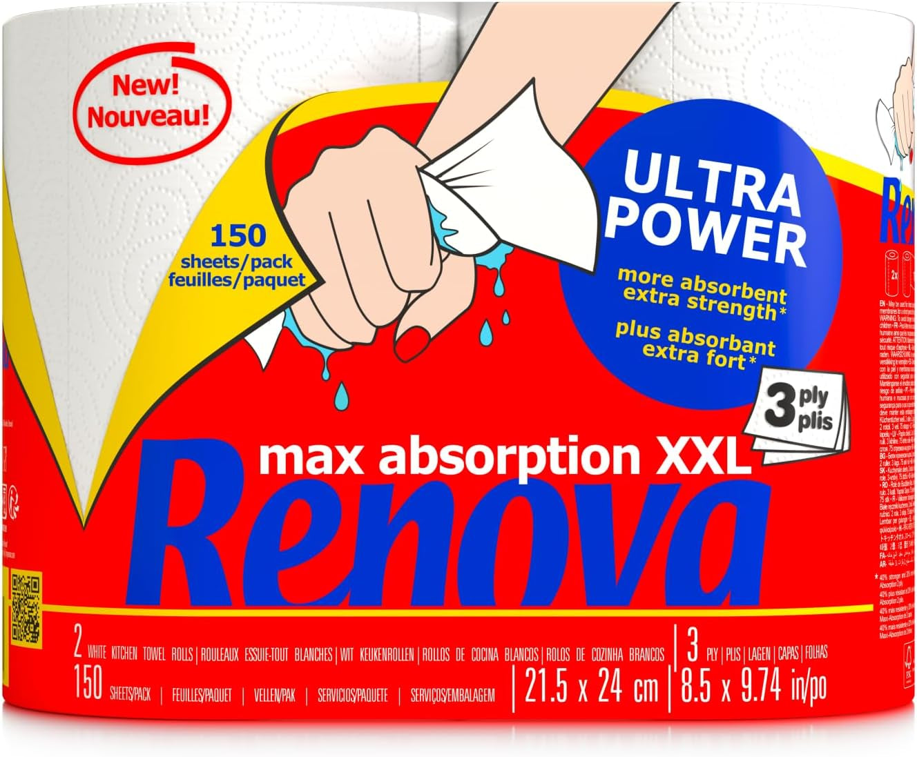 Rouleaux de cuisine Renova Renova Ultrapower | 24 rouleaux XXL = 60 rouleaux standards | 3 couches ultra-absorbantes et à résistance maximale | Papier certifié Fsc