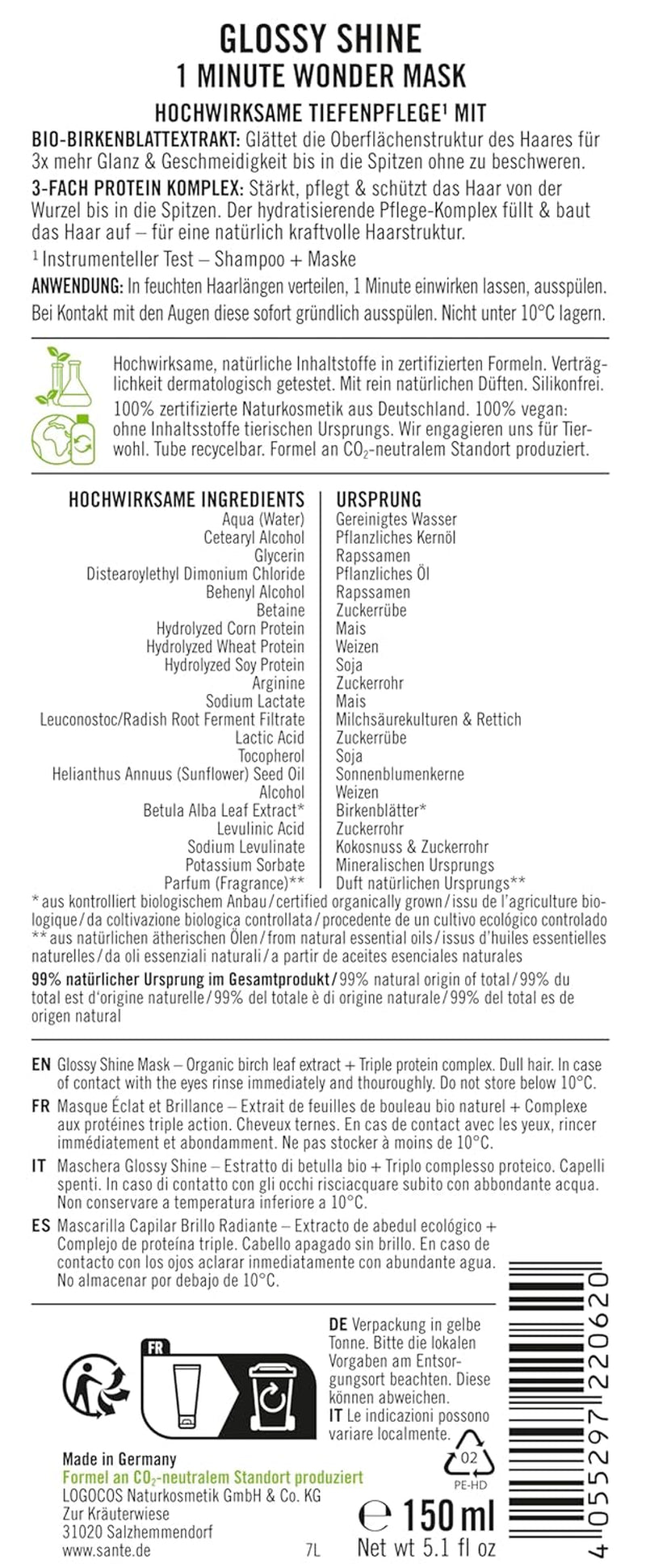 SANTE Naturkosmetik Glossy Shine Mask Extrait de feuille de bouleau bio + complexe protéique 3x, masque capillaire hydratant et sans silicone, soin capillaire végétalien pour plus de brillance et de souplesse, 150 ml Naty Shop Hair Mask