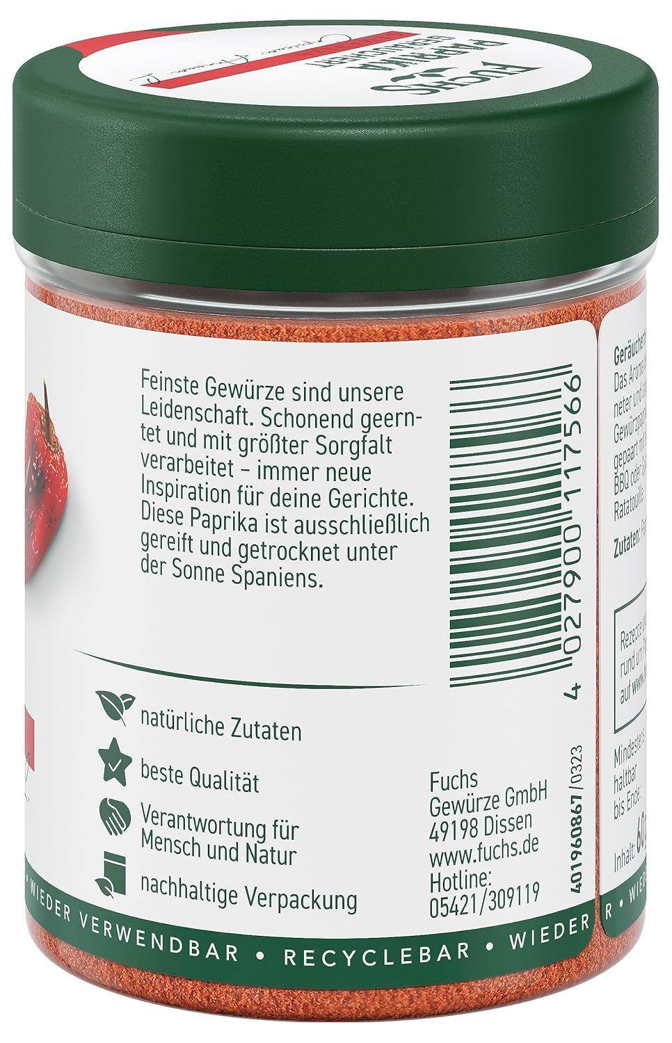 Fuchs Gewürze - Paprika geräuchert gemahlen - rauchiger Gesmack für BBQ, Gulasch ou Tofu - Ingrédients naturels - 60 g dans une dose variable, recyclable