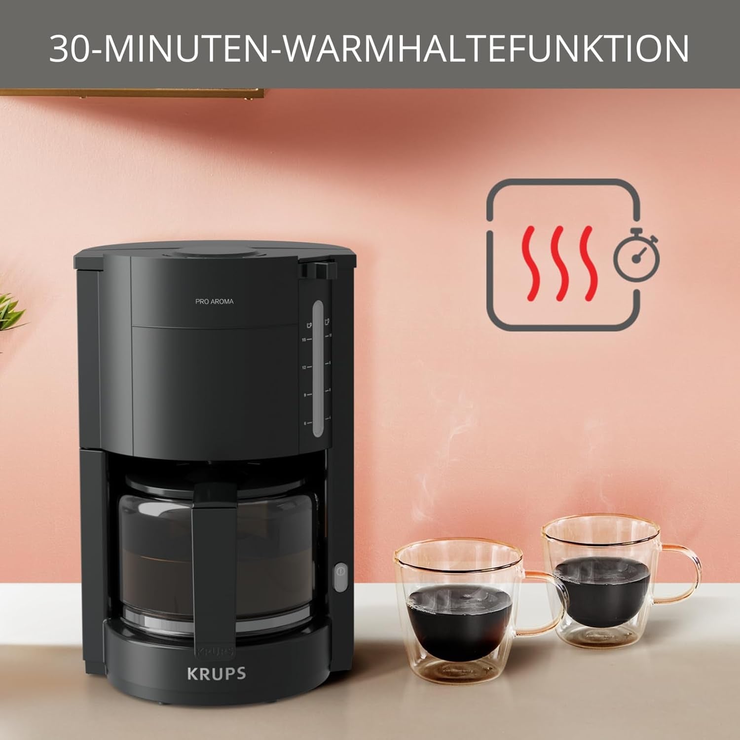 Krups F30908 ProAroma Machine à expresso avec filtre et carafe en verre, capacité 1,25 l, 10-15 tasses, 1050 W, noir