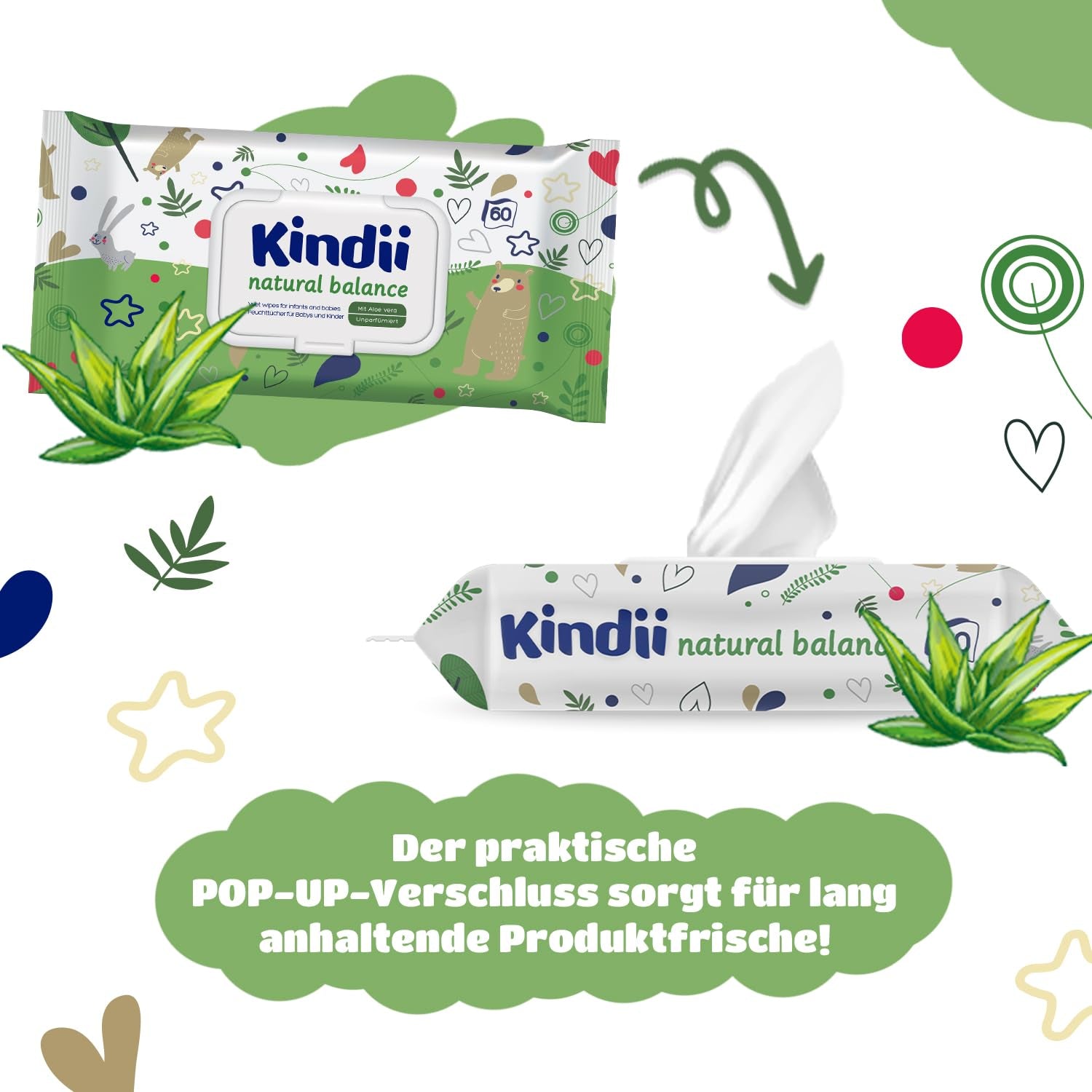 Lingettes humides Kindii Natural Balance pour bébés – (1 x 60 pcs.) Lingettes humides pour bébés et enfants – Protectrices, Aloe Vera, Parfum délicat – 60 pcs.