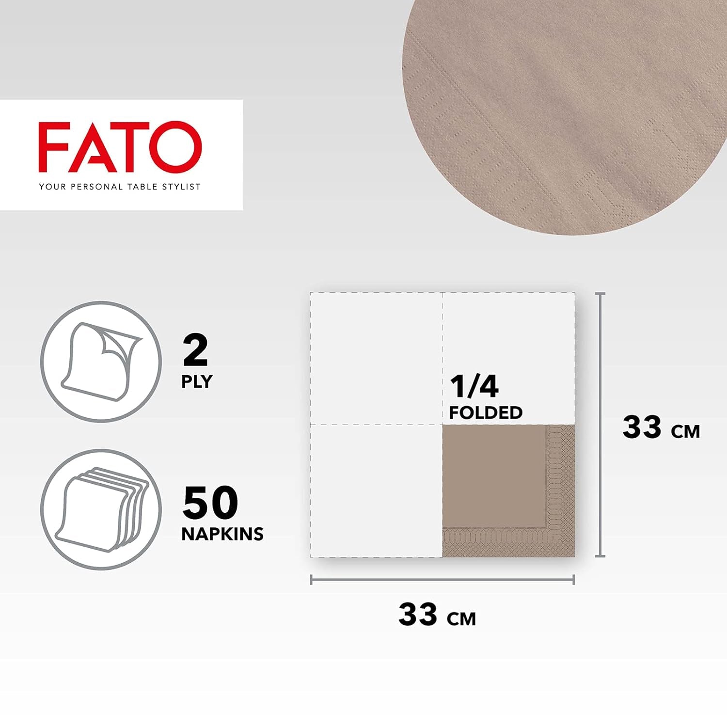 Fato, Serviettes en papier jetables, idéales pour les déjeuners et buffets décontractés, paquet de 50 serviettes, taille 33 x 33, pliées en 4, 2 couches, tourterelle, papier 100 % pure cellulose, certifié FSC