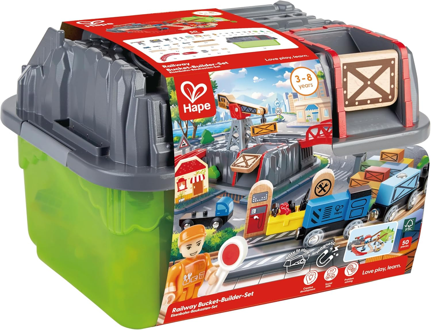 Hape Eisenbahn-Baukasten-Set - mit integrierter Lagerbox und Güterzug aus Holz, Bahn-Set mit Schienen, Brücken & Zubehör, Montessori-Spielzeug, Kreatives Bauen & Spielen, für Kinder ab 3 Jahren