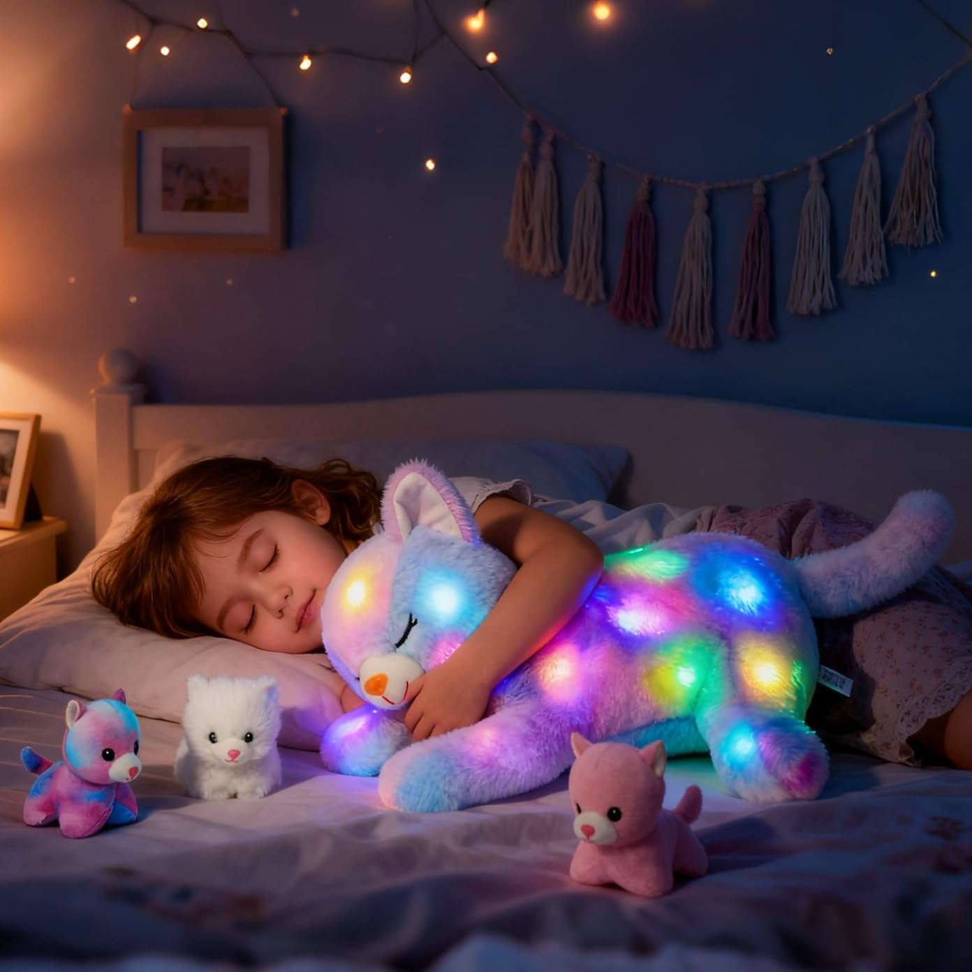 Chat en peluche musical à LED, jouet chantant léger, mère chat avec 3 chatons dans le ventre, berceuse animée, jouet apaisant pour mères, enfants, petites filles, arc-en-ciel, 45 cm
