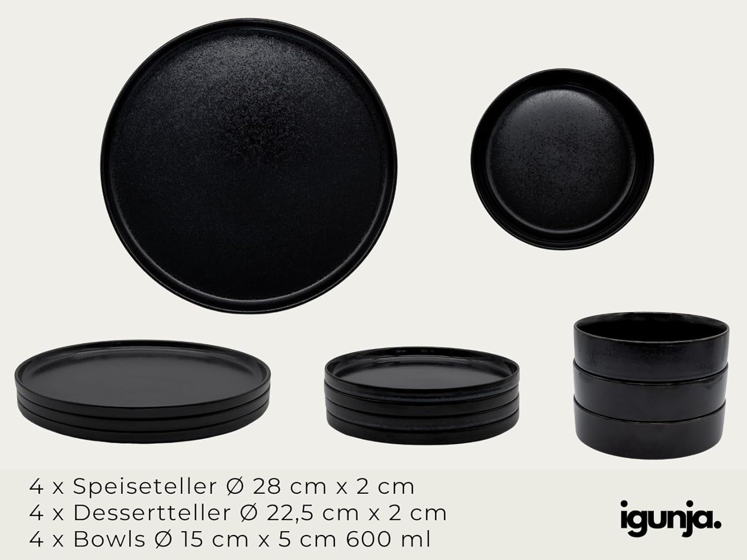 Ensemble de bols et assiettes en grès noir [12 pièces pour 4 personnes] Ensemble de vaisselle noir 100 % fait main avec glaçage réactif de qualité supérieure