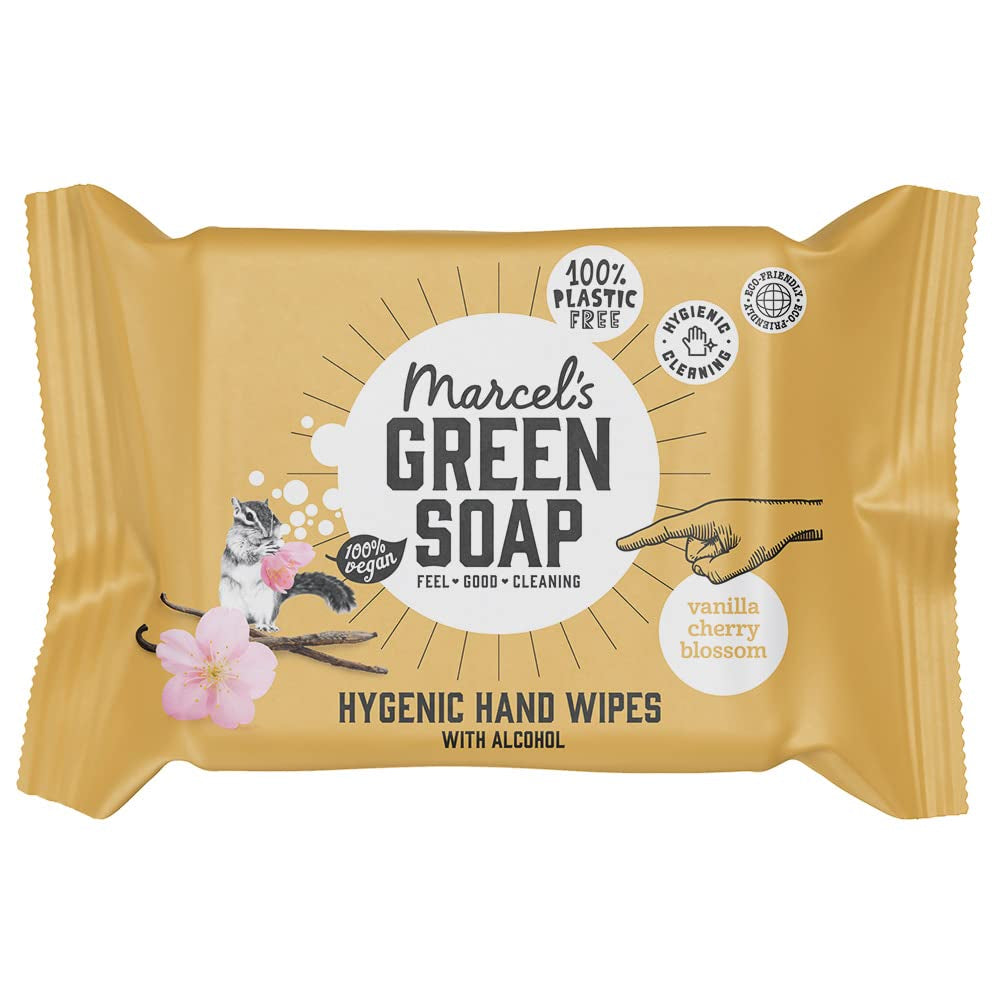 Paquet de 60 lingettes humides pour les mains au savon vert Marcel's - Vanille et fleur de cerisier - À base de plantes - Biologique