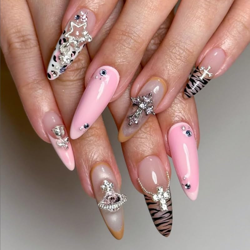 Moonglow longs ongles Stiletto laiteux blanc rose dégradé paillettes Cool faux ongles avec colle rose Ombre paillettes ongles artificiels