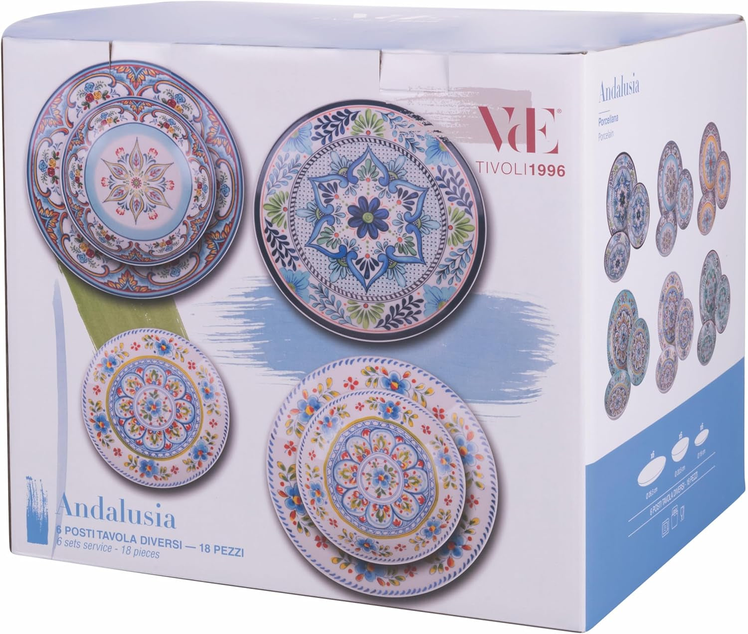 Service de table en porcelaine 18 pièces, 6 ensembles d'assiettes différents, Andalousie