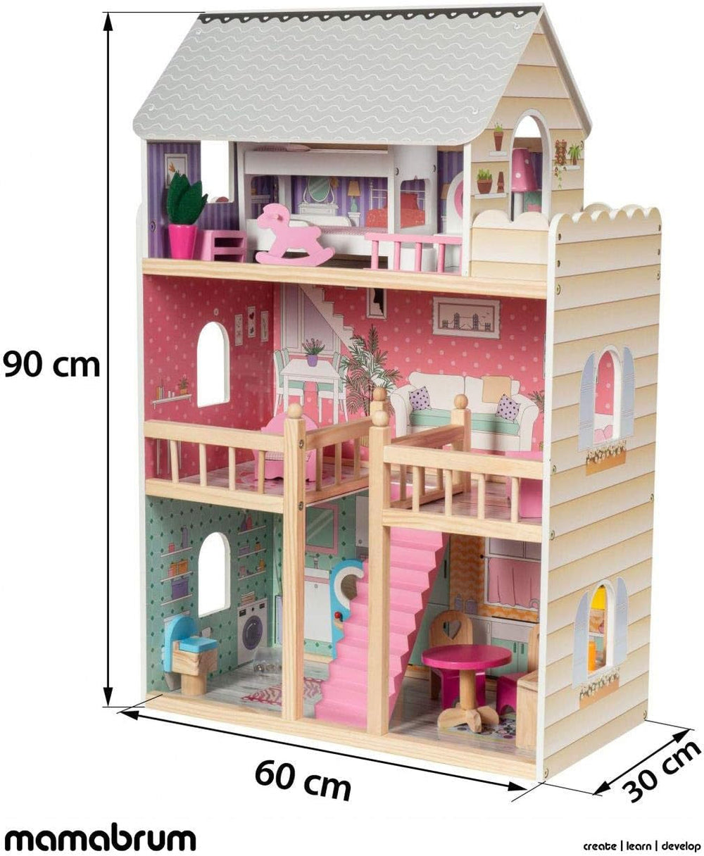 A405 Maison de poupée éclairée par LED - 3 étages et ensemble de meubles - Maison de jeu en bois comprenant des accessoires : cuisine, salle de bain, chambre à coucher - Cadeau pour les filles de 3 ans et plus Maisons de poupées Naty Shop