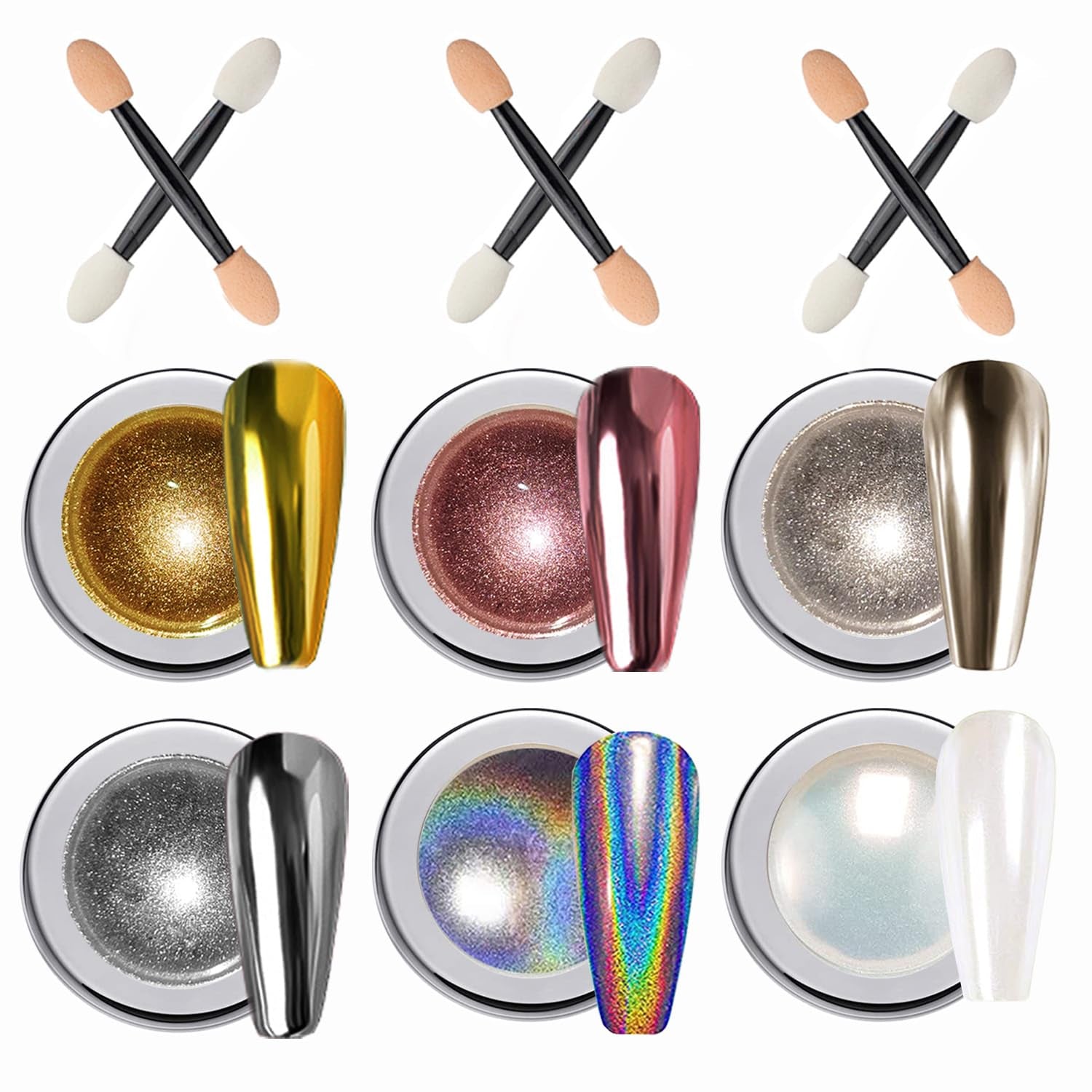 Wahrshei 6 Chrome Nail Powder, Chrome Pulver Nägel Mit Spiegeleffekt, Laser Chrome Puder, Poudre effet nacré pour ongles en beignet glacés