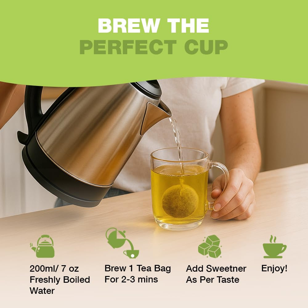 HANDPICK, pliculețe de ceai verde (100 pliculețe) Fără gluten și ceai verde pur | Pliculețe rotunde de ceai verde, fără adeziv, fără înălbitor, fără sfori | Ceai fierbinte/Kombucha sau infuzat la rece | Ceai verde