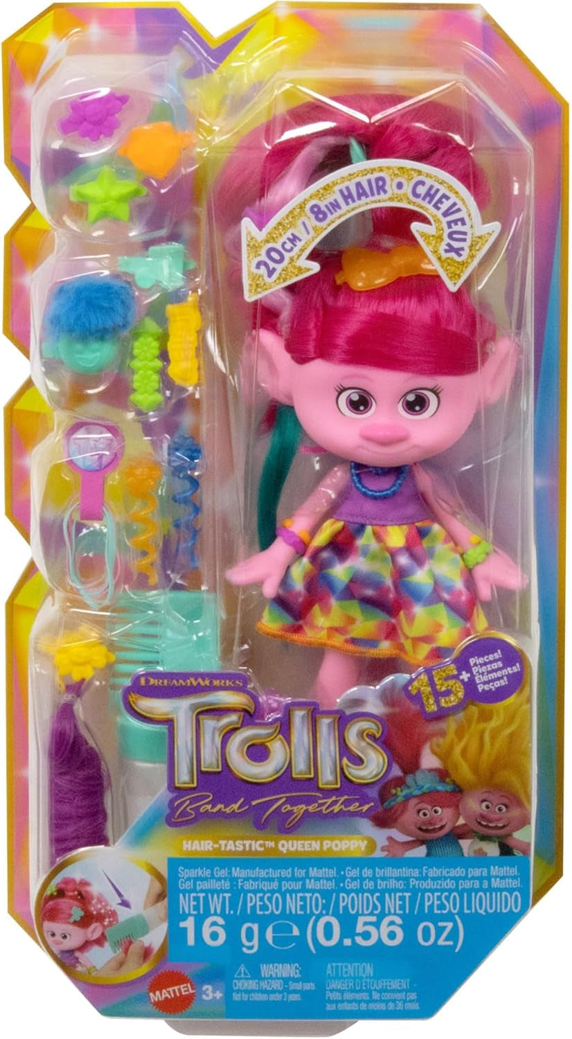 Mattel DREAMWORKS TROLLS Together Strong - Poupée mannequin Queen Poppy Hair-Tastic - 15+ accessoires, peigne à paillettes, gel à paillettes lavable, à partir de 3 ans, HNF25 Naty Shop Dolls