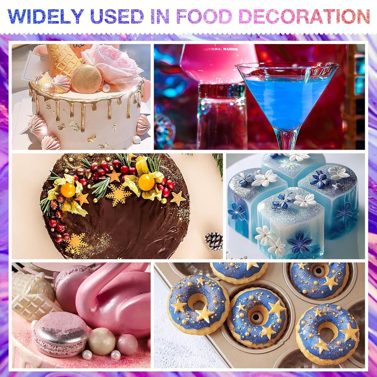 Paillettes comestibles 6 x 3 g, paillettes comestibles pour boissons, paillettes alimentaires, ensemble de 6 couleurs, poudre de paillettes, paillettes de cuisson pour chocolat, fraise, gâteaux, fondant, boissons, sans odeur, végétalien