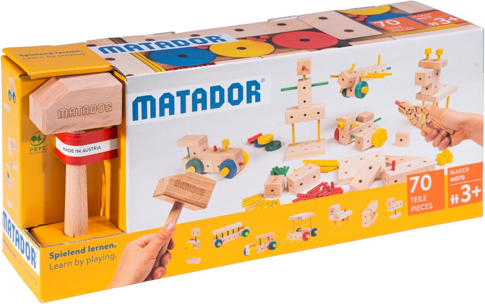 Matador Kinder Baukasten ab 3 Jahren 34-tlg. - Spannendes Holz Konstruktionsspielzeug zur Schulung von Kreativität und Feinmotorik, Bauspielzeug mit Stäbchen, Klötzen, Hammer & Zange