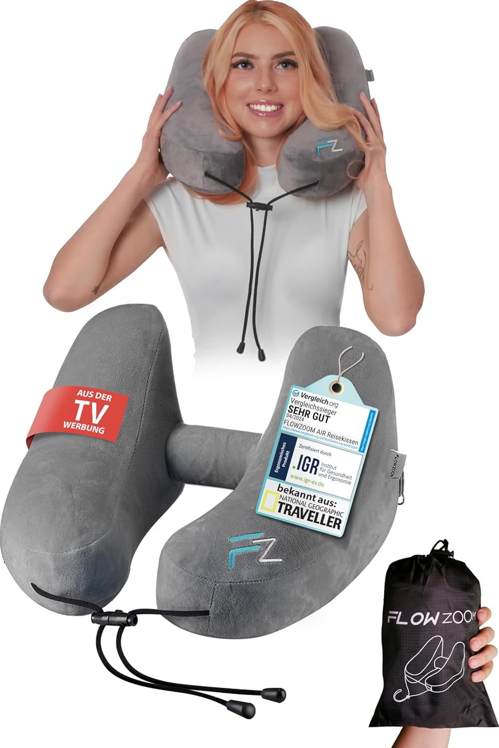 Oreiller cervical gonflable FLOWZOOM AIR avec capuche - Oreiller cervical avion - Oreiller de voyage - Oreiller cervical de voyage gonflable rapide - Oreiller avion - Oreiller de voyage - Oreiller cervical adulte (Gris) Naty Shop Oreillers orthopédiques cervicaux 3) Gris - Taille M