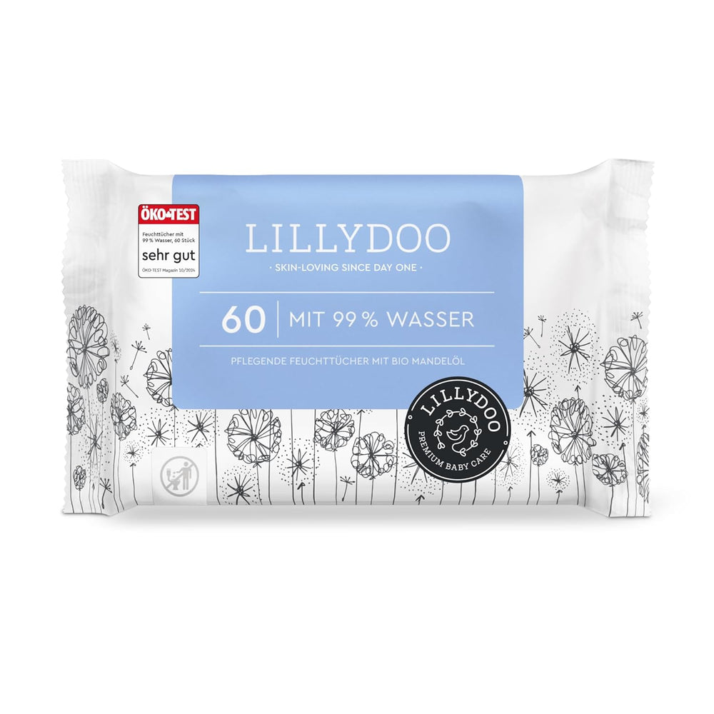 LILLYDOO Lingettes humides vertes, 600 unités (10 x 60), 100 % sans plastique, résistantes aux déchirures – Sans parfum, douces et naturelles, nettoyage doux pour les peaux sensibles, testées dermatologiquement
