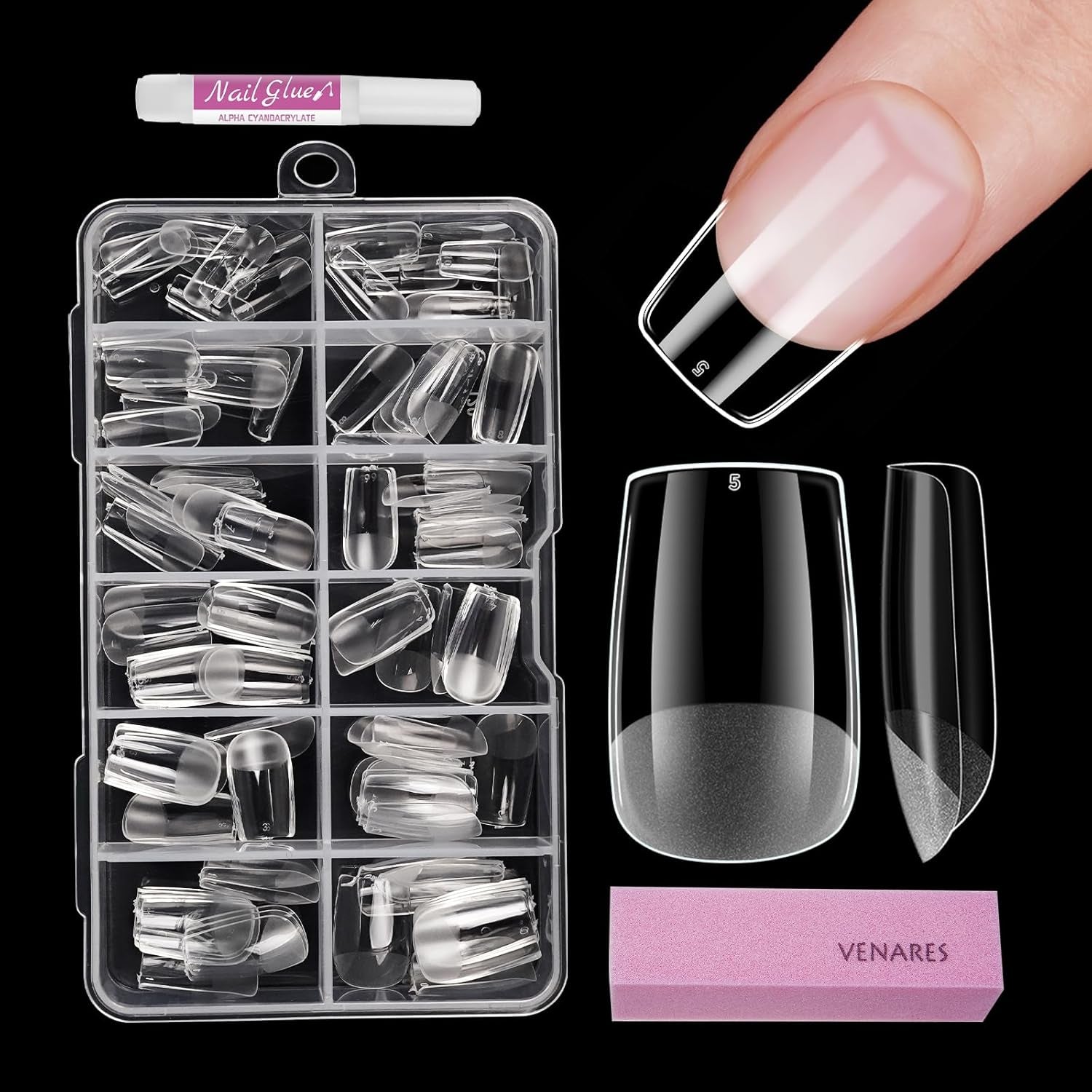 Faux ongles pour ongles en gel, ensemble de 120 pièces d'ongles artificiels courts de couleur amande, 11 tailles d'ongles en gel, pointes d'ongles en colle, bloc tampon à ongles