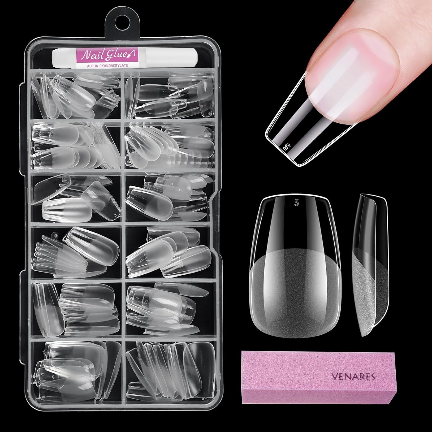 Faux ongles pour ongles en gel, ensemble de 120 pièces d'ongles artificiels courts de couleur amande, 11 tailles d'ongles en gel, pointes d'ongles en colle, bloc tampon à ongles