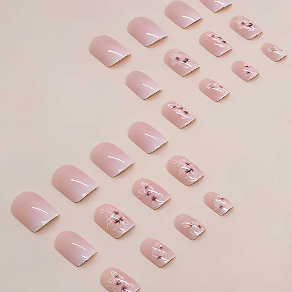 24pcs colle carrée blanche sur les ongles courts motif floral dégradé rose presse sur les ongles ongles artificiels faux ongles art ongles carrés français ongles artificiels pour les femmes