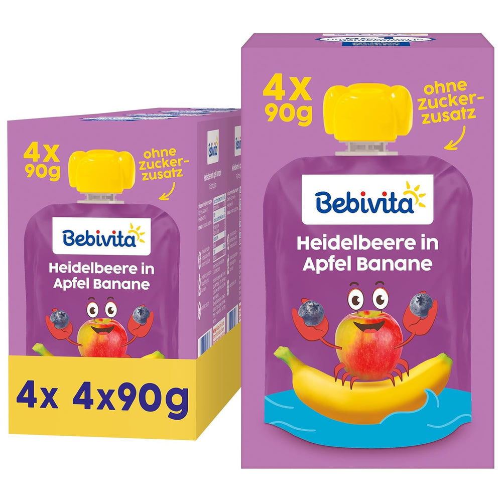 Sachets compressibles myrtilles, pommes et bananes - 16 (4 paquets, 4 x 90 g chacun), sans sucre ajouté, sans gluten, idéaux pour les plats à emporter et les collations à emporter