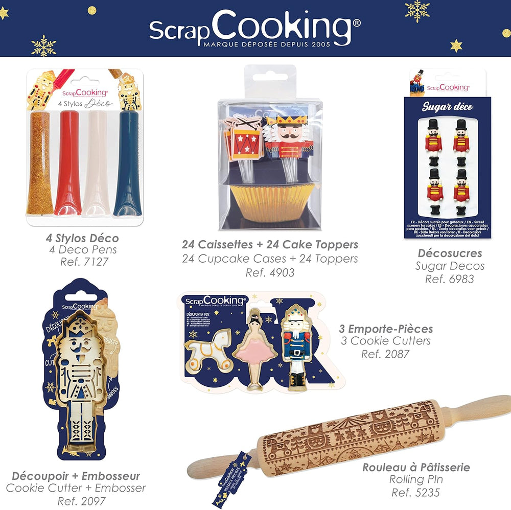 ScrapCooking - Set d'Emporte-pièces + Embosseur Casse-Noisette en Bois - Emporte-pièce de Noël en Acier Inoxydable pour Biscuits en Relief - Accessoire de Moule de Cuisson Sablé - Couleur Or - 2097
