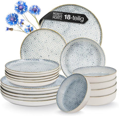 Moritz & Moritz ALHAMBRA Service de table pour 6 personnes, 18 pièces, porcelaine de haute qualité – Vaisselle bleue moderne – Service facile d'entretien comprenant 6 assiettes plates, 6 assiettes à dessert et 6 bols