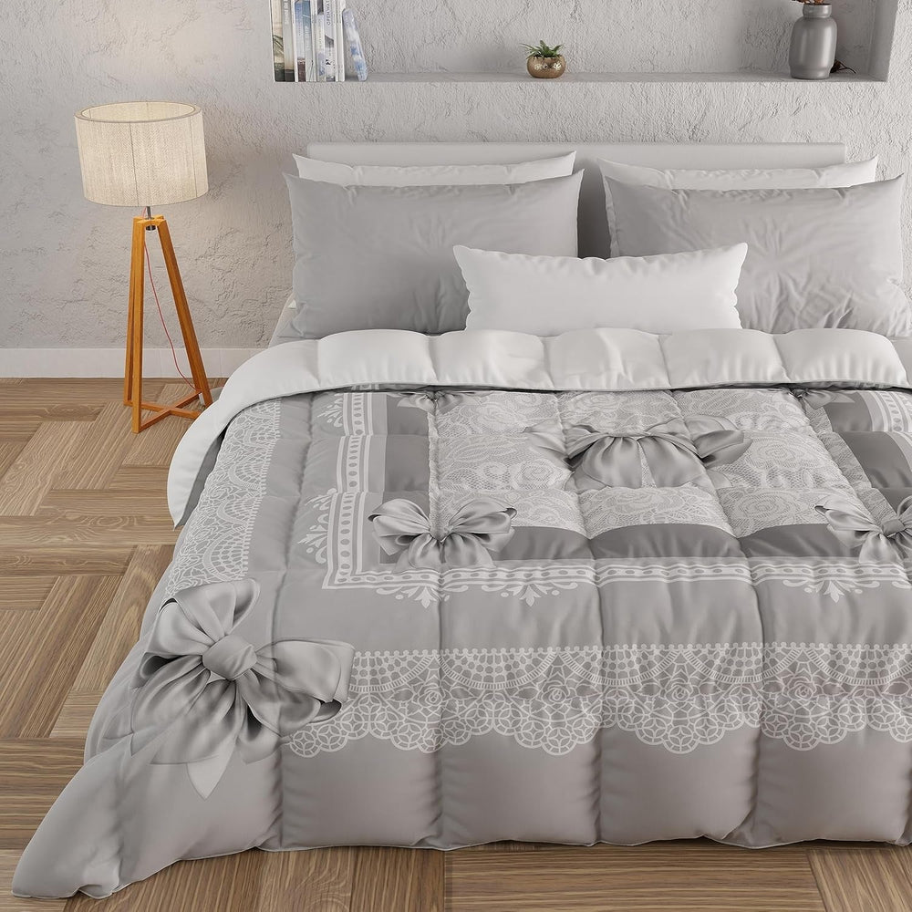 PETTI Artigiani Italiani - Couette d'hiver, Couette d'hiver, Couette simple, Double face, Impression monochrome et numérique, microfibre 100% antiallergique, Made in Italy Couettes et couettes Naty Shop Ruban gris 160 X 190 Cm
