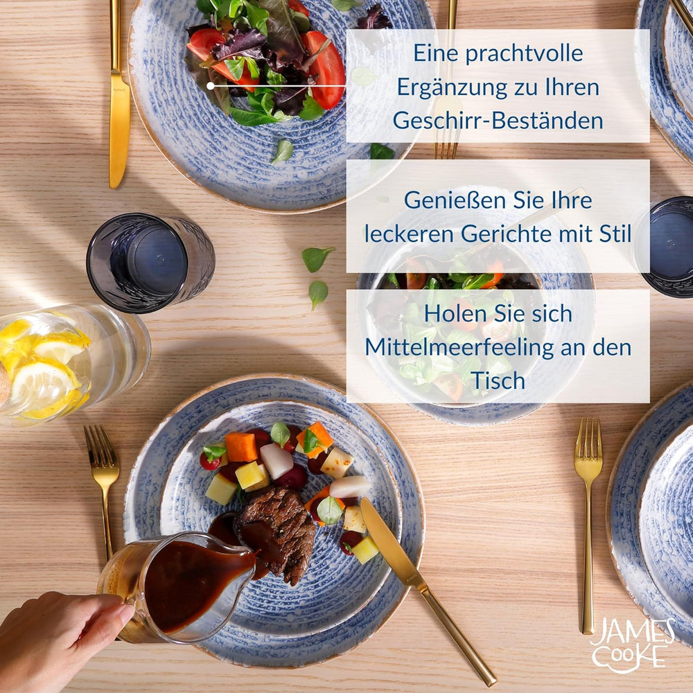 Azure Service de table vintage en grès pour 6 à 24 pièces – Rayures blanches et bleues, surface en relief – Passe au lave-vaisselle, au four et au micro-ondes