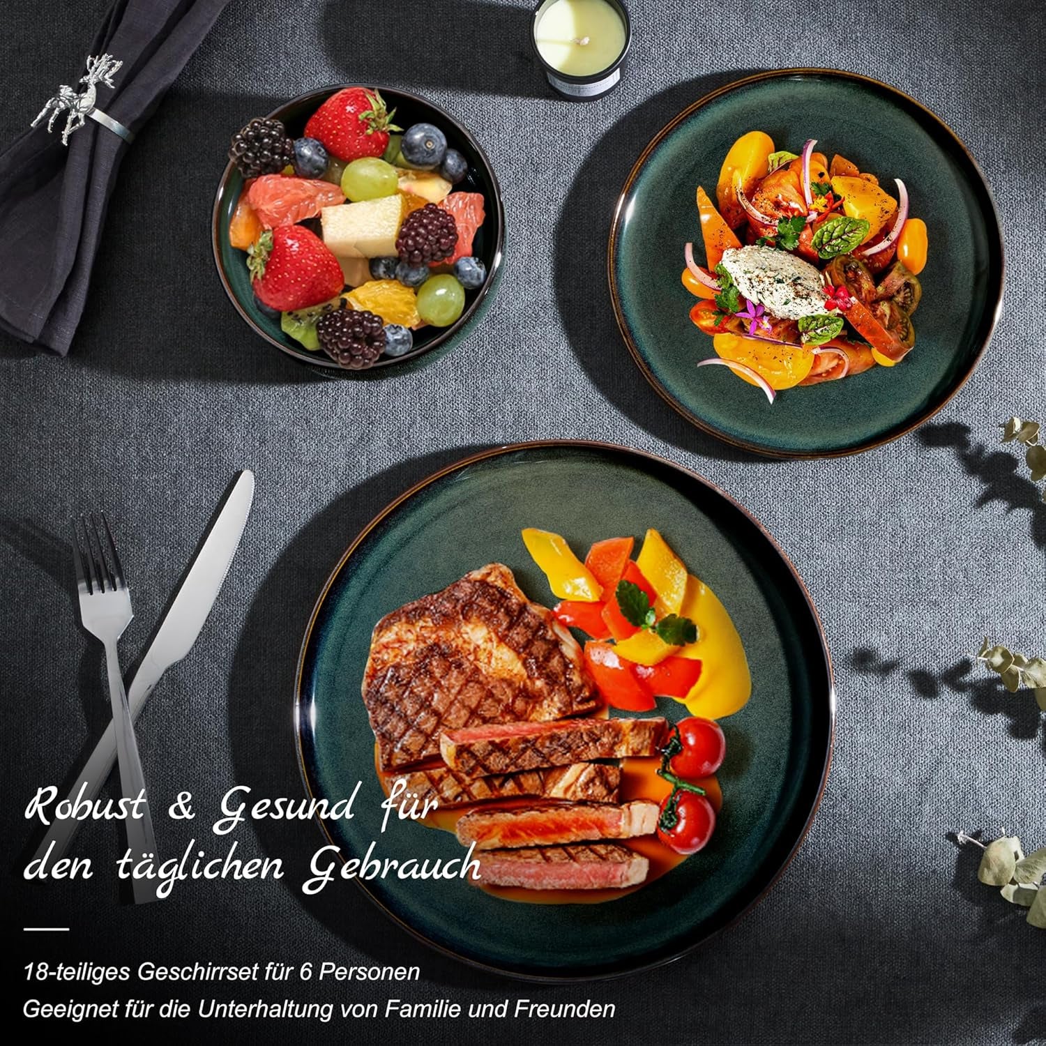 Homikit Geschirrset 6 Personen, 18-tlg Steinzeug Geschirr Set, Reaktive Glasur Tafelservice mit Speiseteller Dessertteller Müslischüsseln, Mikrowellen- und Spülmaschinenfest, Kieferrauchgrün