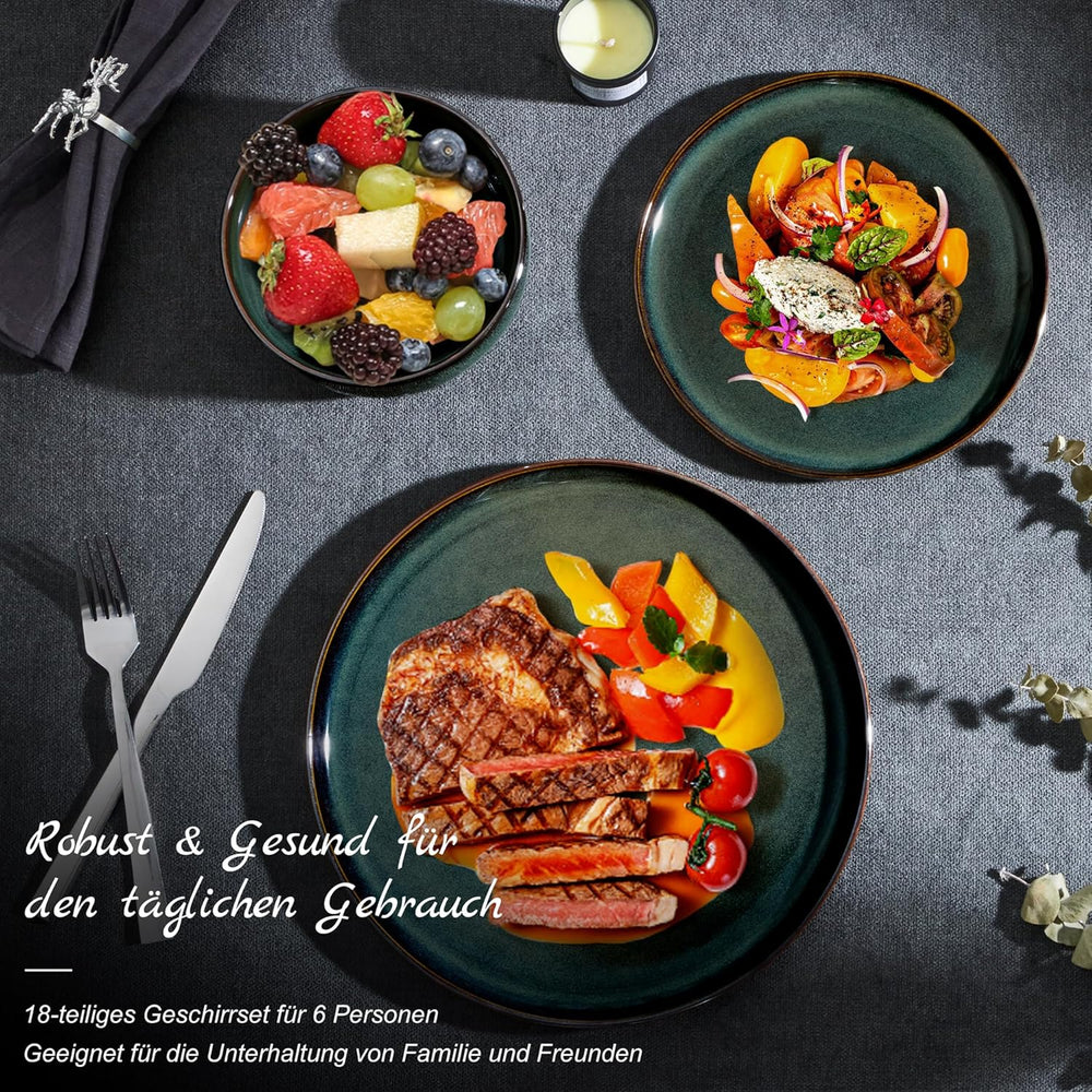 Homikit Geschirrset 6 Personen, 18-tlg Steinzeug Geschirr Set, Reaktive Glasur Tafelservice mit Speiseteller Dessertteller Müslischüsseln, Mikrowellen- und Spülmaschinenfest, Kieferrauchgrün