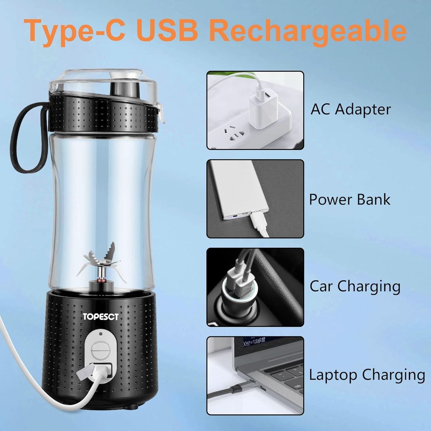 Topesct Mélangeur à emporter, Smoothie Maker to Go – Mixeur sur socle mobile/Mini mixeur électrique avec connexion 3D pour mixeurs à emporter, Presse-agrumes USB 13 oz (Noir) Cuisine Naty Shop