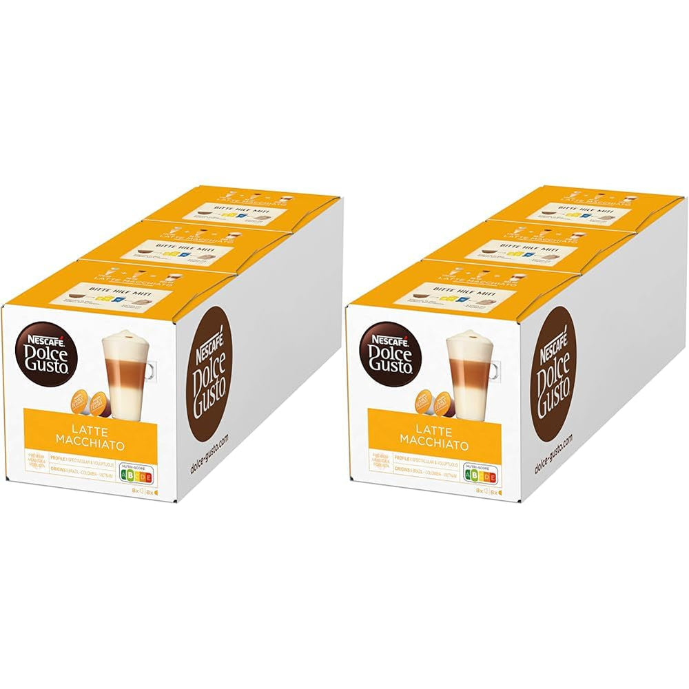 NESCAFÉ Dolce Gusto Latte Macchiato, 48 Kaffeekapseln, Aromatischer Espresso, 3-Schichten -Köstlichkeit aus feinem Milchschaum, Aromaversiegelte Kapseln, 6er Pack (3x16 Kapseln)