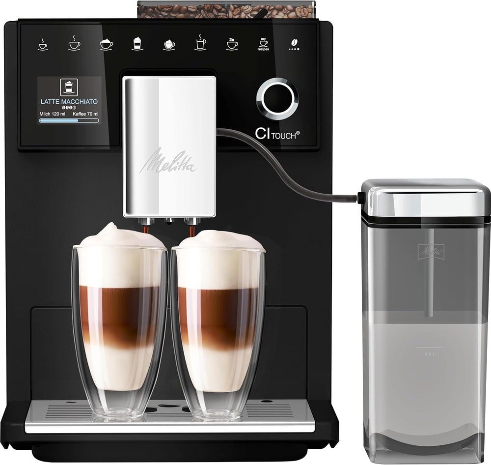 Melitta CI Touch - Machine à expresso entièrement automatique avec système de lait, machine à expresso avec moulin à café intégré et mousseur à lait, par ex. pour expresso ou cappuccino, argent